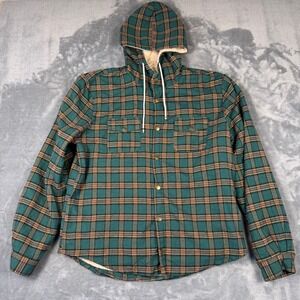 Z MAN Mens Plaid Sherpa Lined Hooded Flannel Shirt Jacket Green Brown